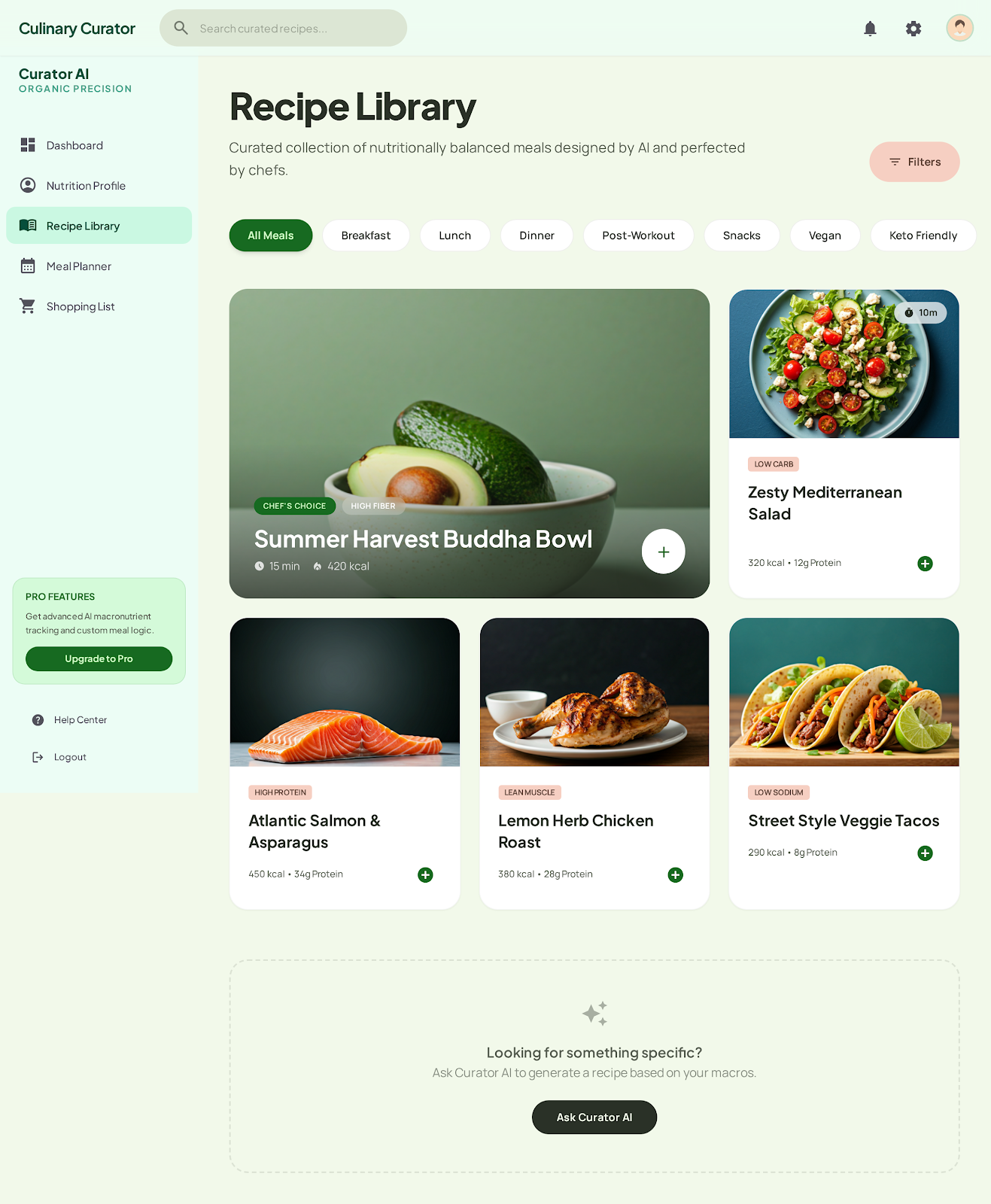 Pantr meal planning interface showing curated recipes, meal filters, and grocery-aware food selections.